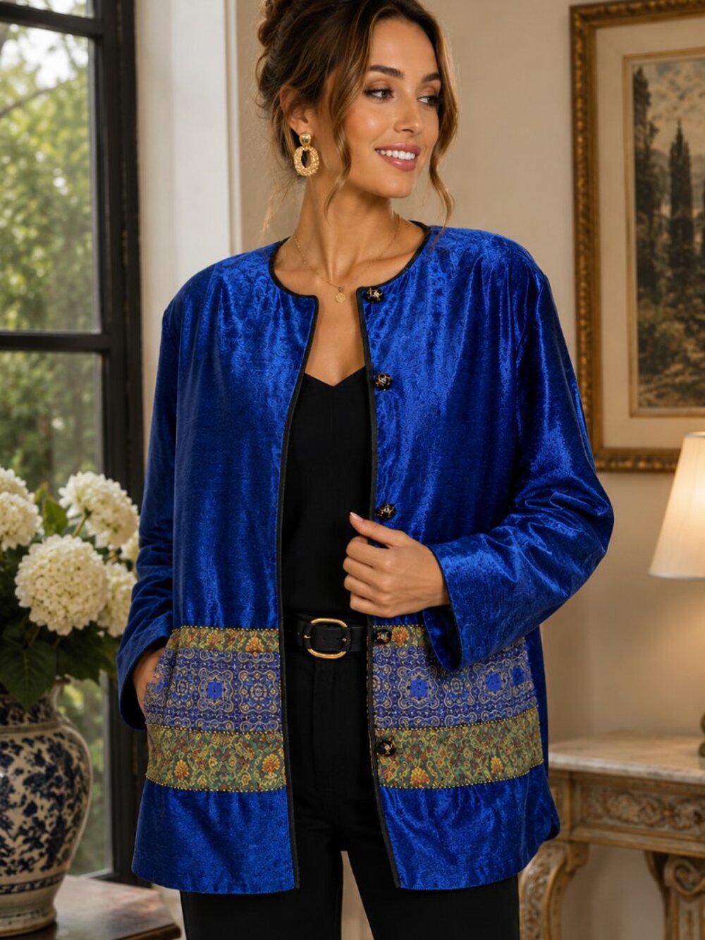Vintage Stephanie Thomas Short Cobalt Blue Velvet Tapestry Jacket Size 16